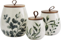 TTU Tabletops Gallery Ceramic Canister Collection- Stoneware Designed Kitchen Storage Acacia Wood White Set, 3 Piece Green Leaf Canister Set GREEN LEAF CANISTERS