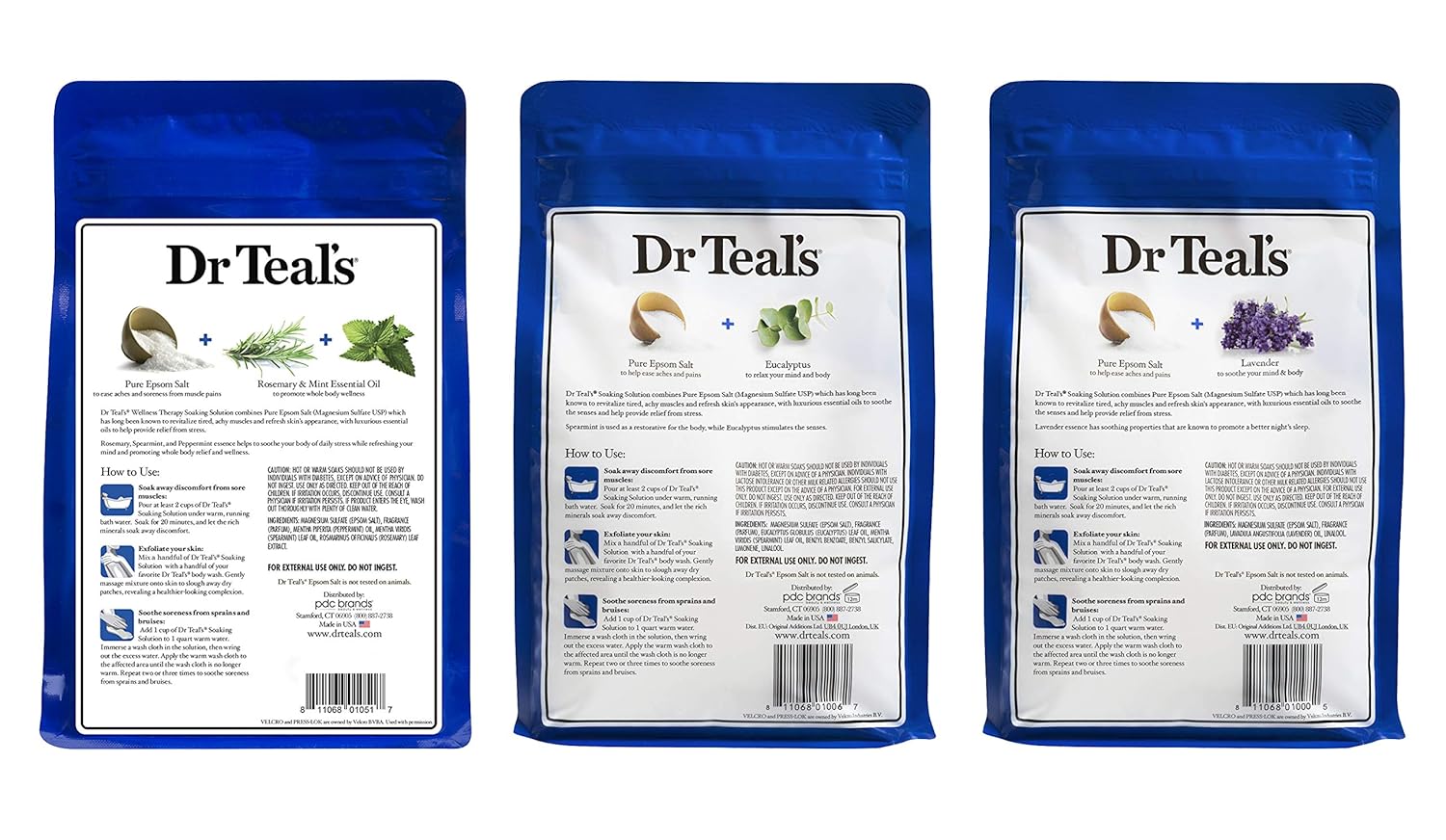 Dr. Teal's Pure Epsom Salt Soaking Solution Gift Set (3 Pack, 3lbs ea.) - Soothe & Sleep Lavender, Relax & Relief Eucalyptus with Spearmint, Wellness Therapy with Rosemary & Mint