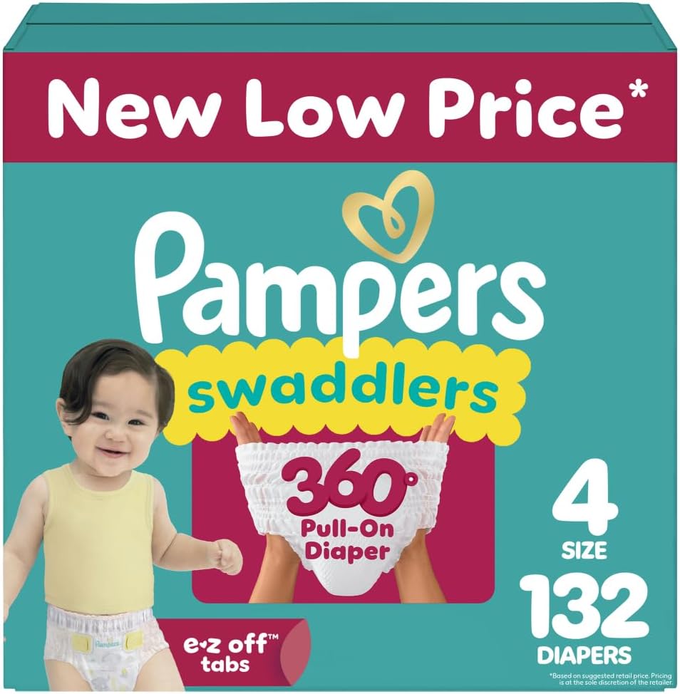 Pampers Diapers - Swaddlers 360° - Size 4, 132 Count, up to 100% Leakproof Comfy Dry Fit, Designed for Easy Changes, Pull On Baby Diaper (Packaging May Vary) Size 4 132