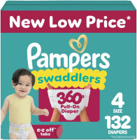 Pampers Diapers - Swaddlers 360° - Size 4, 132 Count, up to 100% Leakproof Comfy Dry Fit, Designed for Easy Changes, Pull On Baby Diaper (Packaging May Vary) Size 4 132