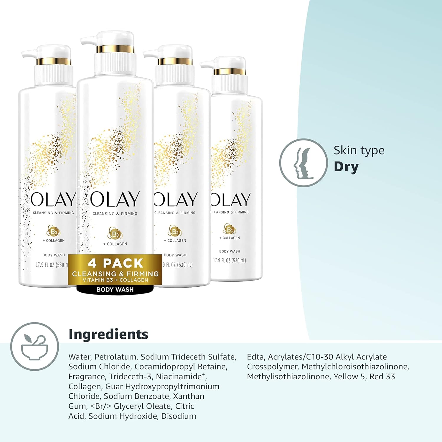 Olay Cleansing & Firming Body Wash with Vitamin B3 and Collagen, 20 fl oz (Pack of 4) Unscented 20 Fl Oz (Pack of 4)