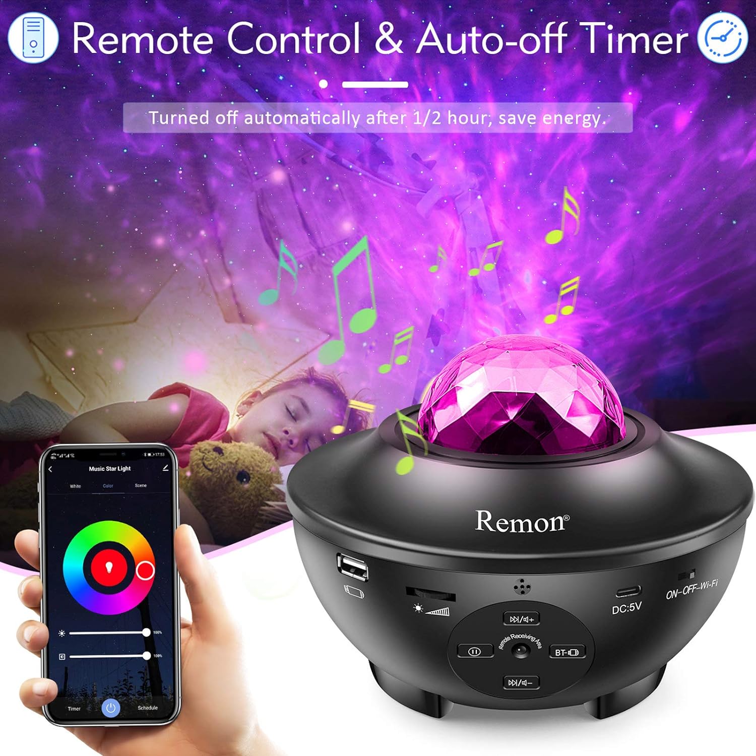 Remon Star Projector Galaxy Projector Smart Night Light with 10 Colors Ocean Wave and Starry Scene Works with Alexa and Google Home, Valentine Gift Bluetooth Music Speaker for Kids Bedroom
