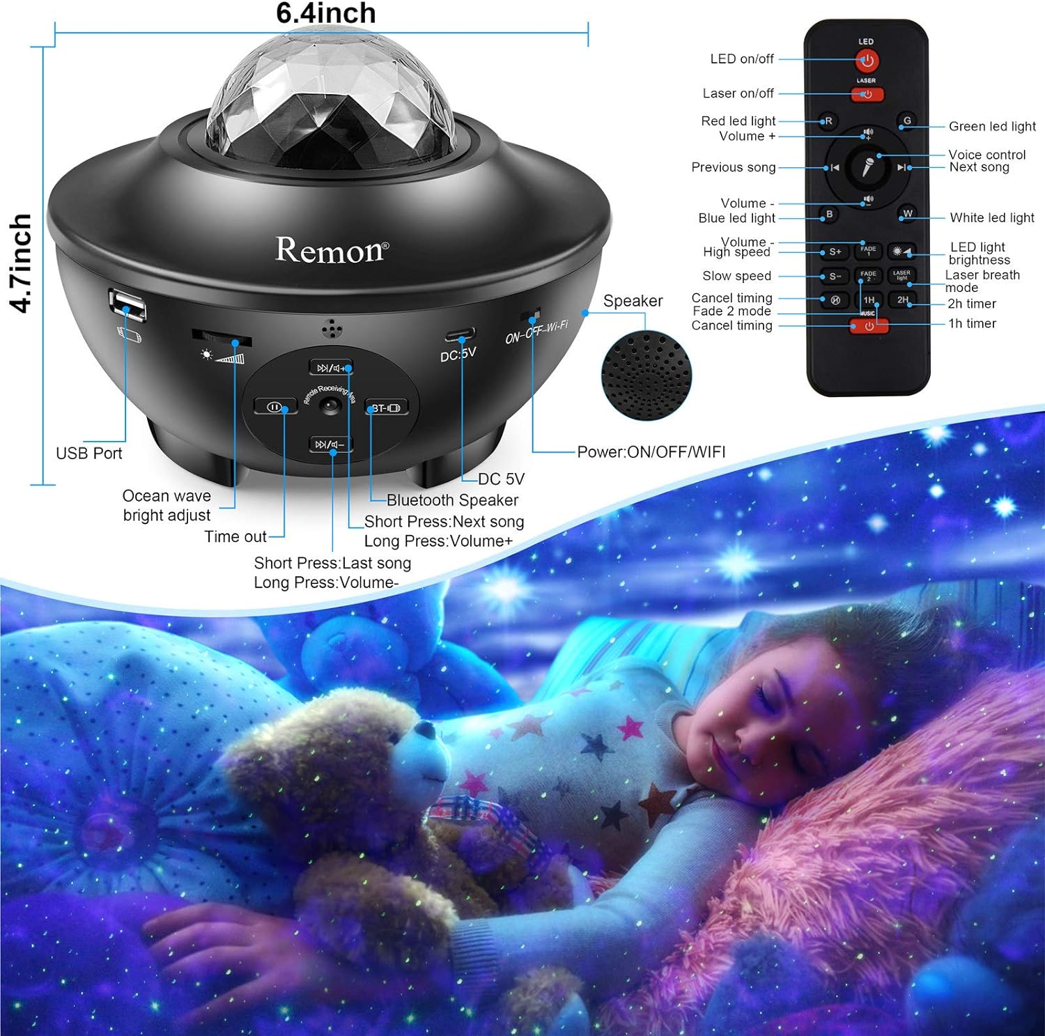 Remon Star Projector Galaxy Projector Smart Night Light with 10 Colors Ocean Wave and Starry Scene Works with Alexa and Google Home, Valentine Gift Bluetooth Music Speaker for Kids Bedroom