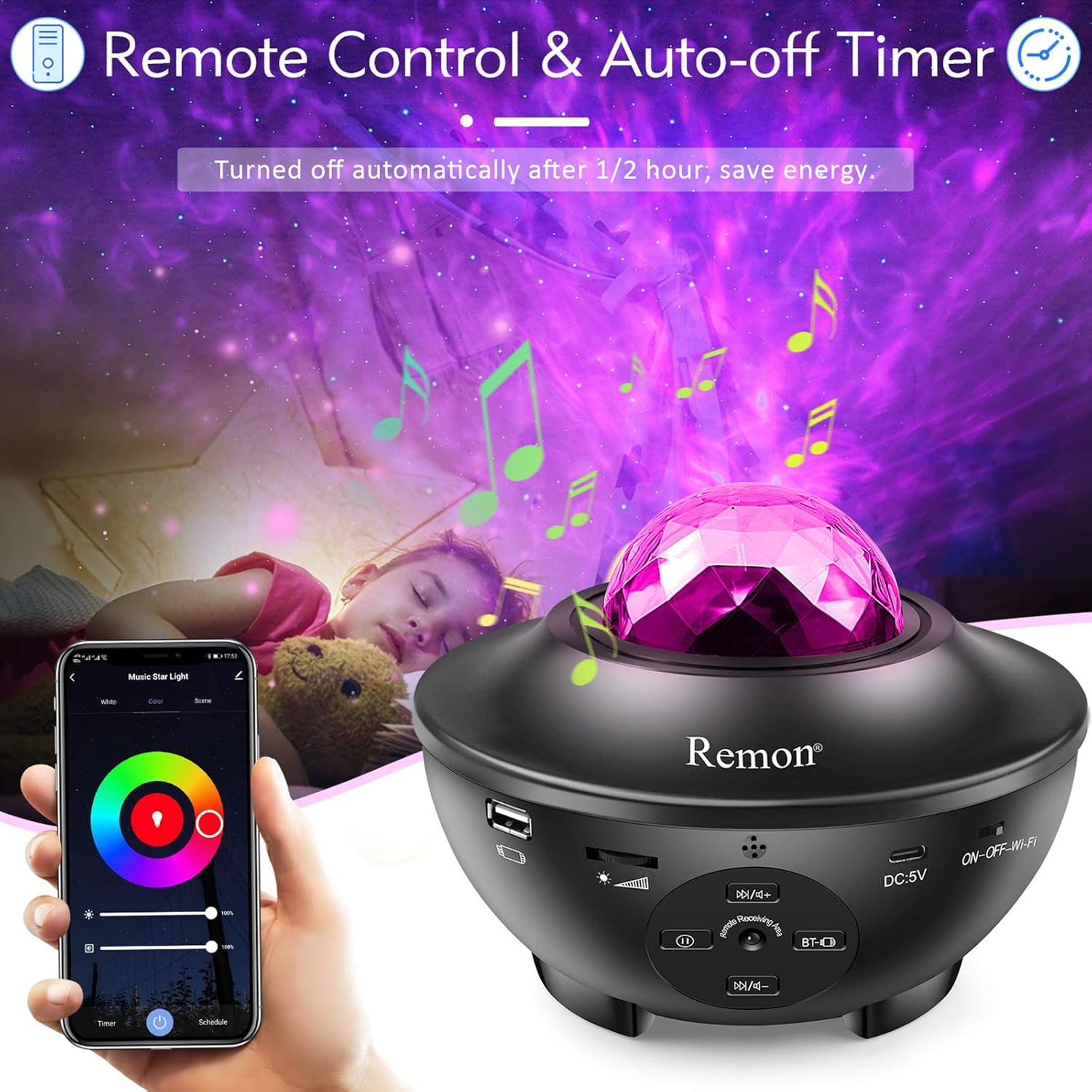 Remon Star Projector Galaxy Projector Smart Night Light with 10 Colors Ocean Wave and Starry Scene Works with Alexa and Google Home, Valentine Gift Bluetooth Music Speaker for Kids Bedroom