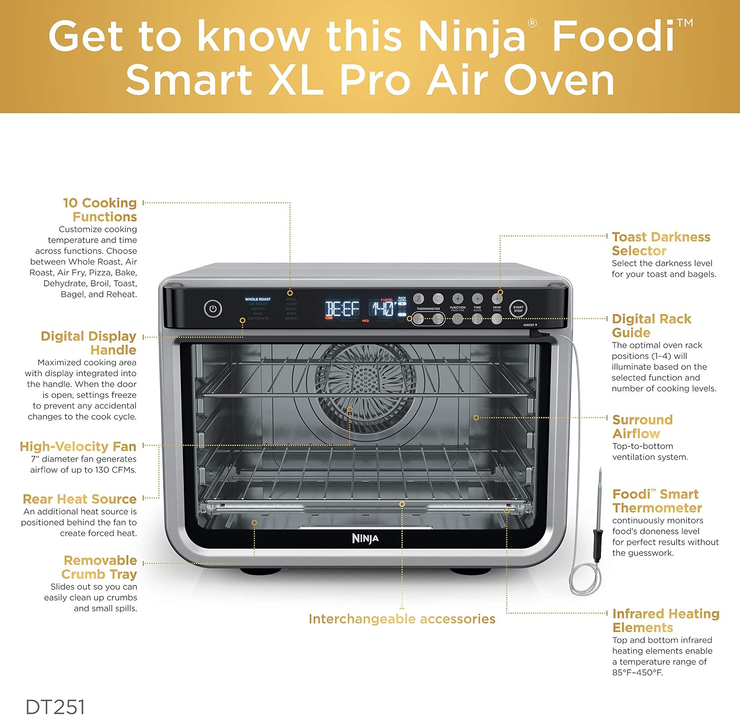 Ninja DT251 Foodi 10-in-1 Smart XL Air Fry Oven, Bake, Broil, Toast, Roast, Digital Toaster, Thermometer, True Surround Convection up to 450°F, includes 6 trays & Recipe Guide, Silver Silver Convection Toaster Oven with Thermometer