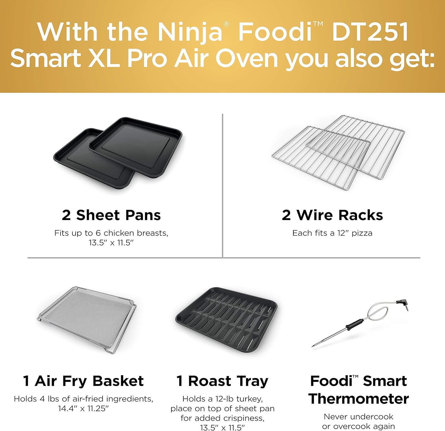 Ninja DT251 Foodi 10-in-1 Smart XL Air Fry Oven, Bake, Broil, Toast, Roast, Digital Toaster, Thermometer, True Surround Convection up to 450°F, includes 6 trays & Recipe Guide, Silver Silver Convection Toaster Oven with Thermometer