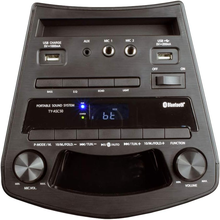 Toshiba TY-ASC50 Wireless Speaker System w/FM Stereo Radio | 50 Watt Outdoor Bluetooth Speaker | Party Speakers w/Rechargeable Batteries & MP3 Function | 3.5mm Stereo Earphone Jack | 2 USB Inputs Black