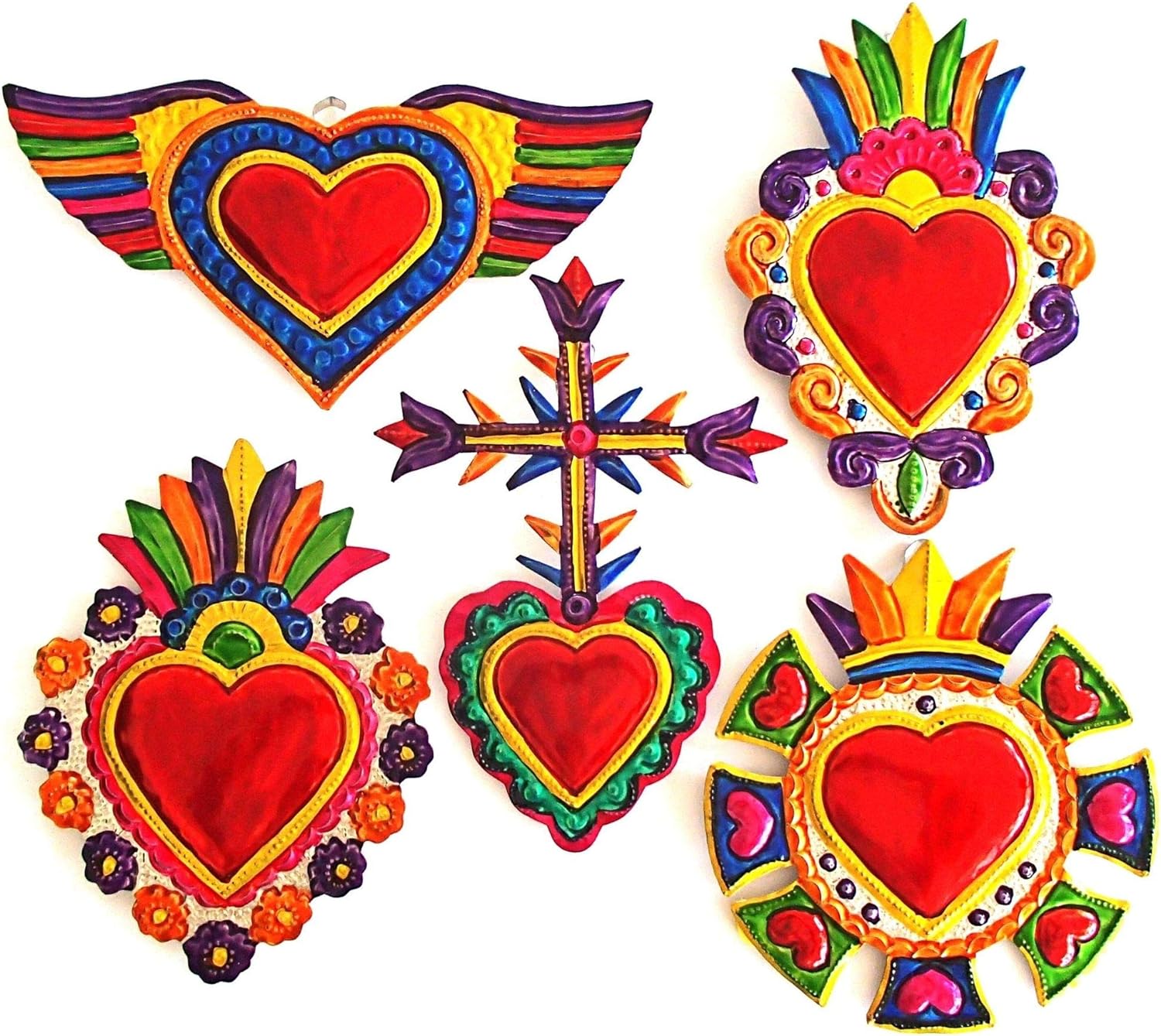 Mexican Hearts Milagros Mexicanos 5 Pieces Colorful Metal Charms Tin Folk Art Sacred Craft 6