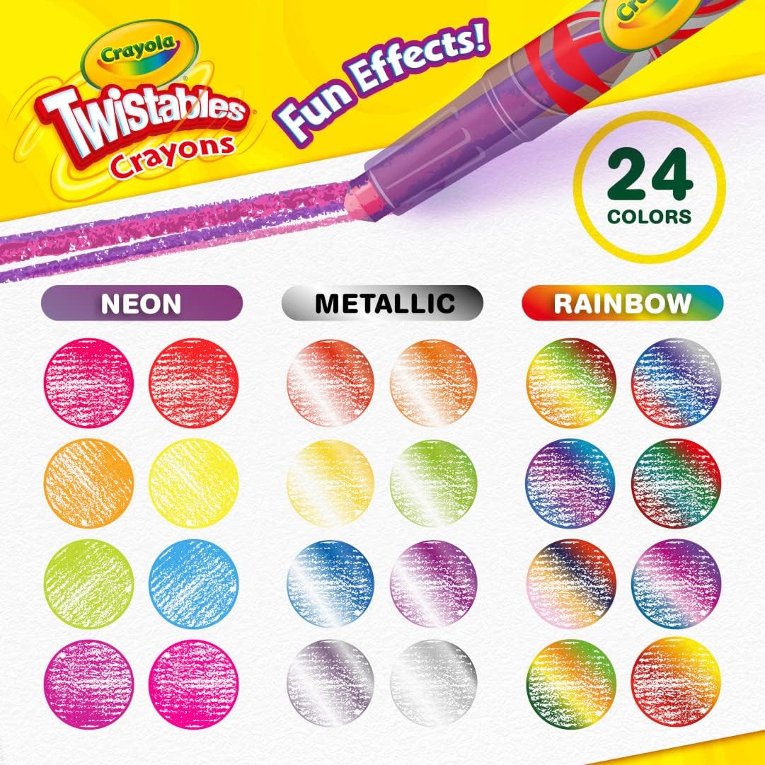 Crayola Twistables Crayons for Kids (24ct) Essential School Supplies for Girls & Boys, Toddler Coloring, Less Mess, Back to School Gifts for Kids 24 Count (Pack of 1) Straight Line