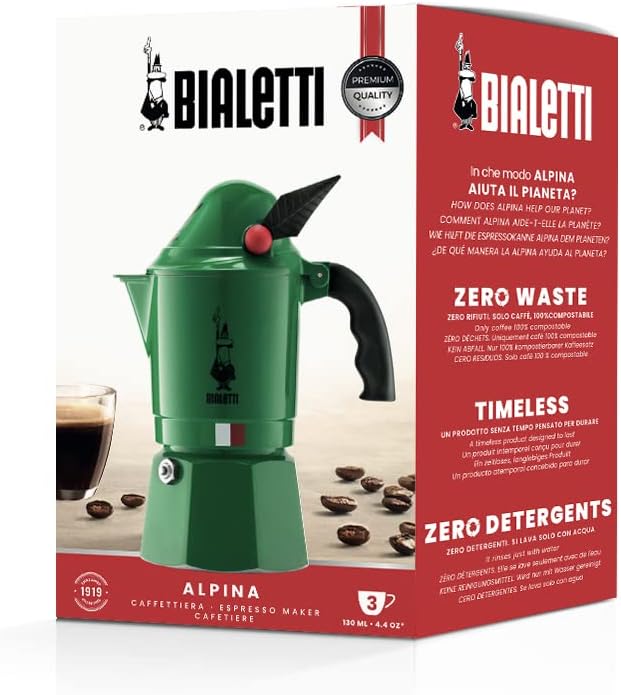 Bialetti - Moka Express Alpina: Iconic Stovetop Espresso Maker, Moka Pot 3 Cups (4.3 Oz - 130 Ml), Aluminium, Green 3 Cups Aluminum