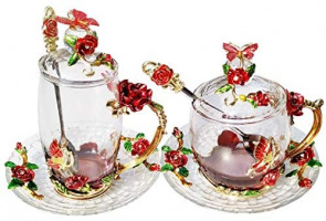 LANTREE Fancy Glass Tea Cup with Lid Saucer Spoon Floral Coffee Mug Unique Christmas Gift Birthday Gift for Friend Female Mother-in-Low Daughter House Warming Gift(Tall Red): Kitchen & Dining
