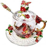 LANTREE Fancy Glass Tea Cup with Lid Saucer Spoon Floral Coffee Mug Unique Christmas Gift Birthday Gift for Friend Female Mother-in-Low Daughter House Warming Gift(Tall Red): Kitchen & Dining