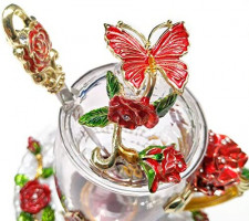 LANTREE Fancy Glass Tea Cup with Lid Saucer Spoon Floral Coffee Mug Unique Christmas Gift Birthday Gift for Friend Female Mother-in-Low Daughter House Warming Gift(Tall Red): Kitchen & Dining