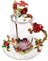 LANTREE Fancy Glass Tea Cup with Lid Saucer Spoon Floral Coffee Mug Unique Christmas Gift Birthday Gift for Friend Female Mother-in-Low Daughter House Warming Gift(Tall Red): Kitchen & Dining