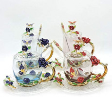 LANTREE Fancy Glass Tea Cup with Lid Saucer Spoon Floral Coffee Mug Unique Christmas Gift Birthday Gift for Friend Female Mother-in-Low Daughter House Warming Gift(Tall Red): Kitchen & Dining
