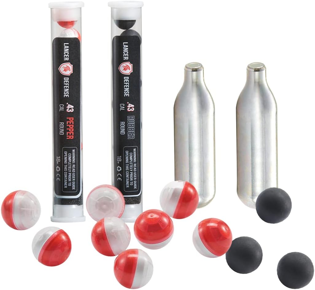 Lancer Tactical Defense Ball Bulk 0.43 Cal for Self Defense Includes Pack of 8 of Pepper Projectile, Rubber Ball & 2X 8 gram Cartridges