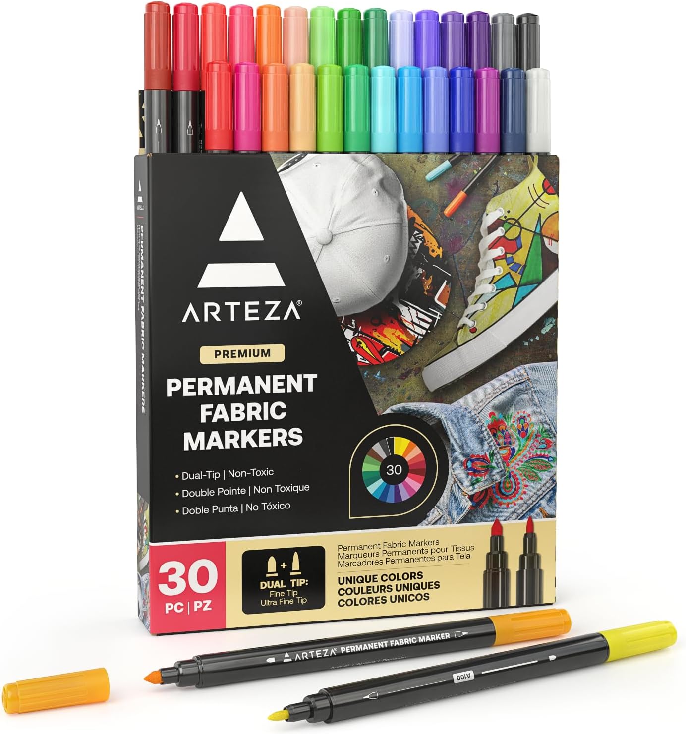 ARTEZA Fabric Markers, Set of 30, Colored Permanent Textile Markers, Dual-Tip Pens for Coloring T-Shirts, Jeans, Jackets, Backpacks Multicolor 1 Count (Pack of 30)