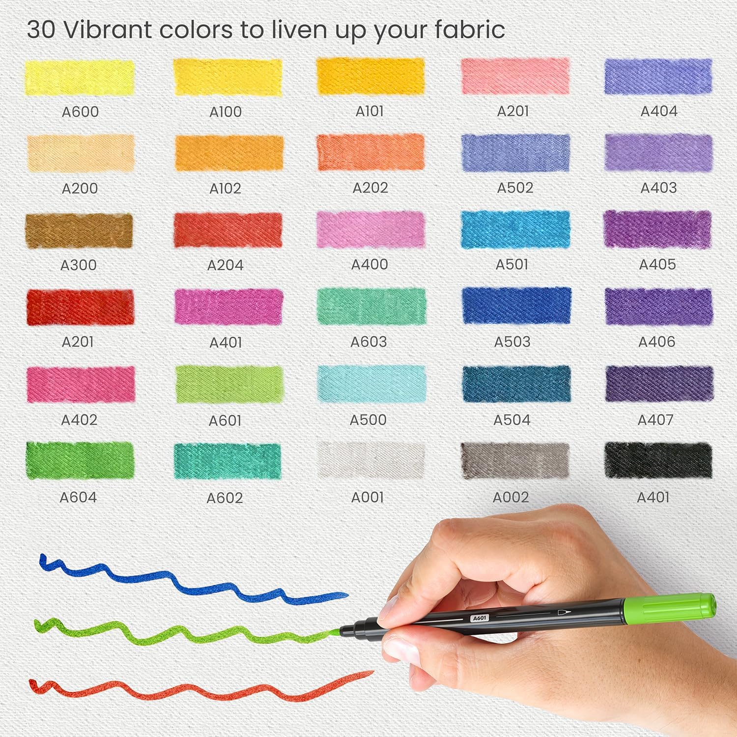 ARTEZA Fabric Markers, Set of 30, Colored Permanent Textile Markers, Dual-Tip Pens for Coloring T-Shirts, Jeans, Jackets, Backpacks Multicolor 1 Count (Pack of 30)