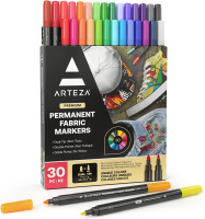 ARTEZA Fabric Markers, Set of 30, Colored Permanent Textile Markers, Dual-Tip Pens for Coloring T-Shirts, Jeans, Jackets, Backpacks Multicolor 1 Count (Pack of 30)