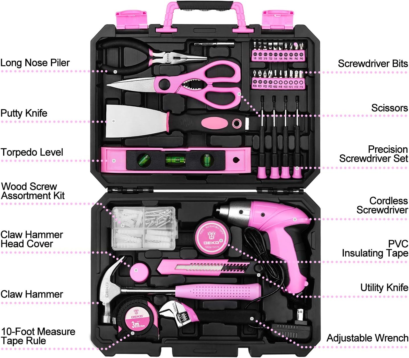 DEKOPRO Pink 98 Piece Tool Set,General Household Hand Tool Kit with Plastic Toolbox Storage Case