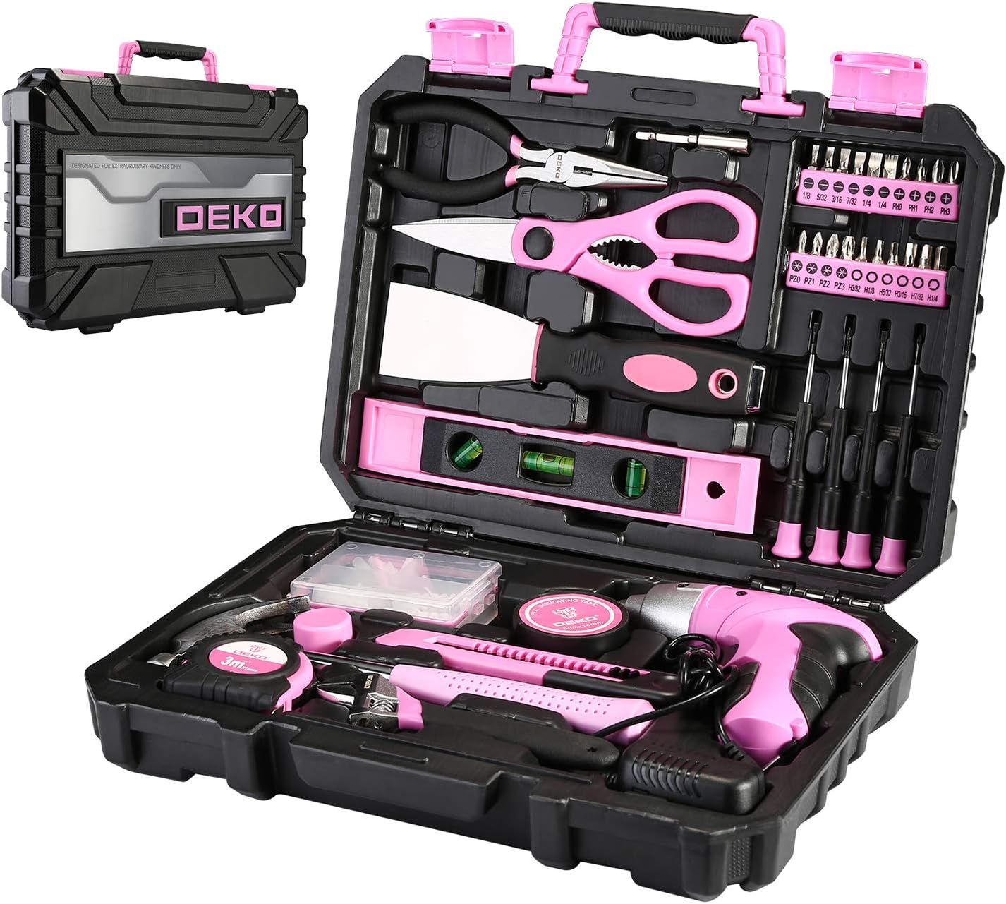 DEKOPRO Pink 98 Piece Tool Set,General Household Hand Tool Kit with Plastic Toolbox Storage Case