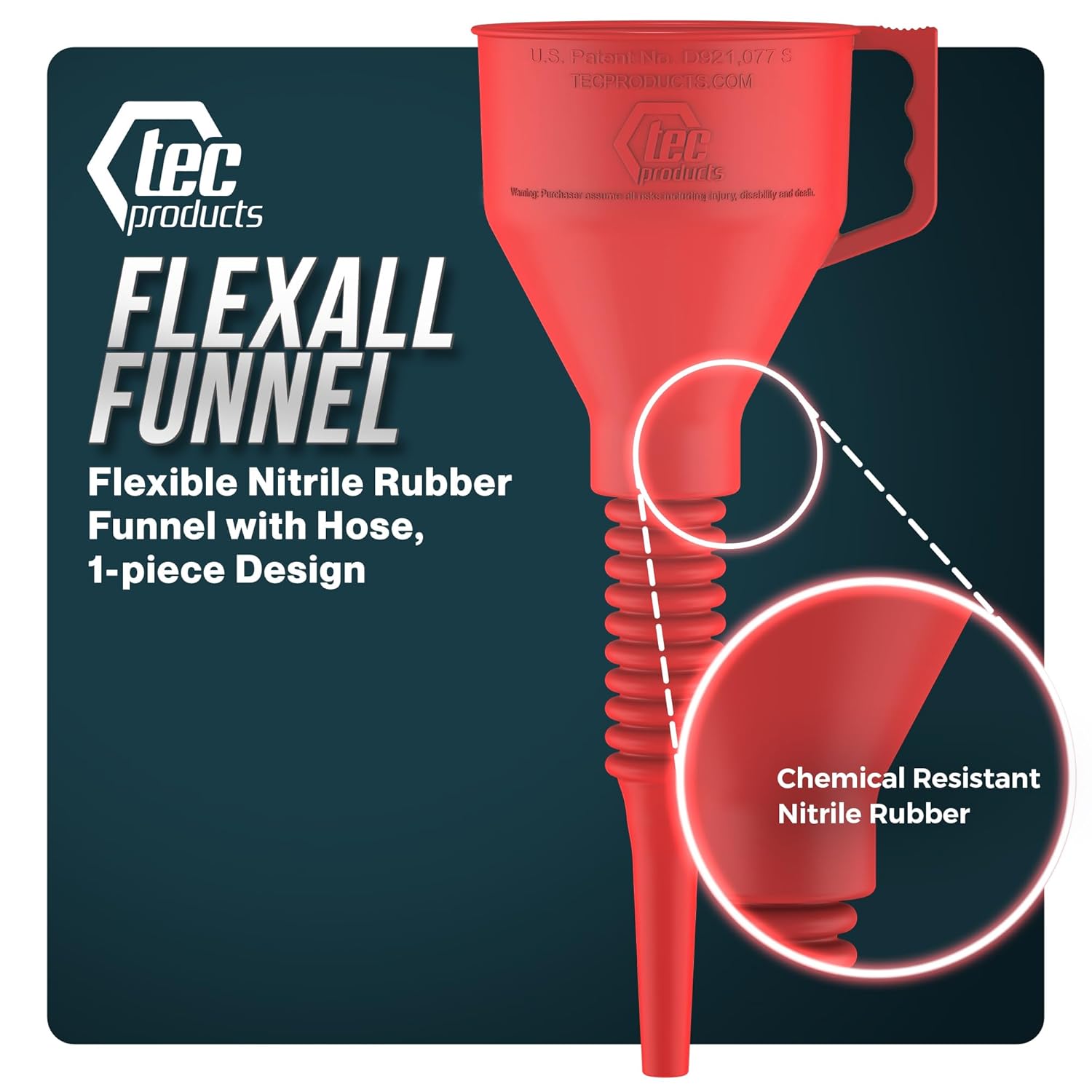 TEC Products FlexAll Long Flexible Funnel for Automotive Use - Durable Nitrile Rubber - Ideal for Car Oil Change, Transmission Funnel Fluid, Diesel, Fuel, Gas - Made in USA - Red (12 x 4 Inches) Red Small