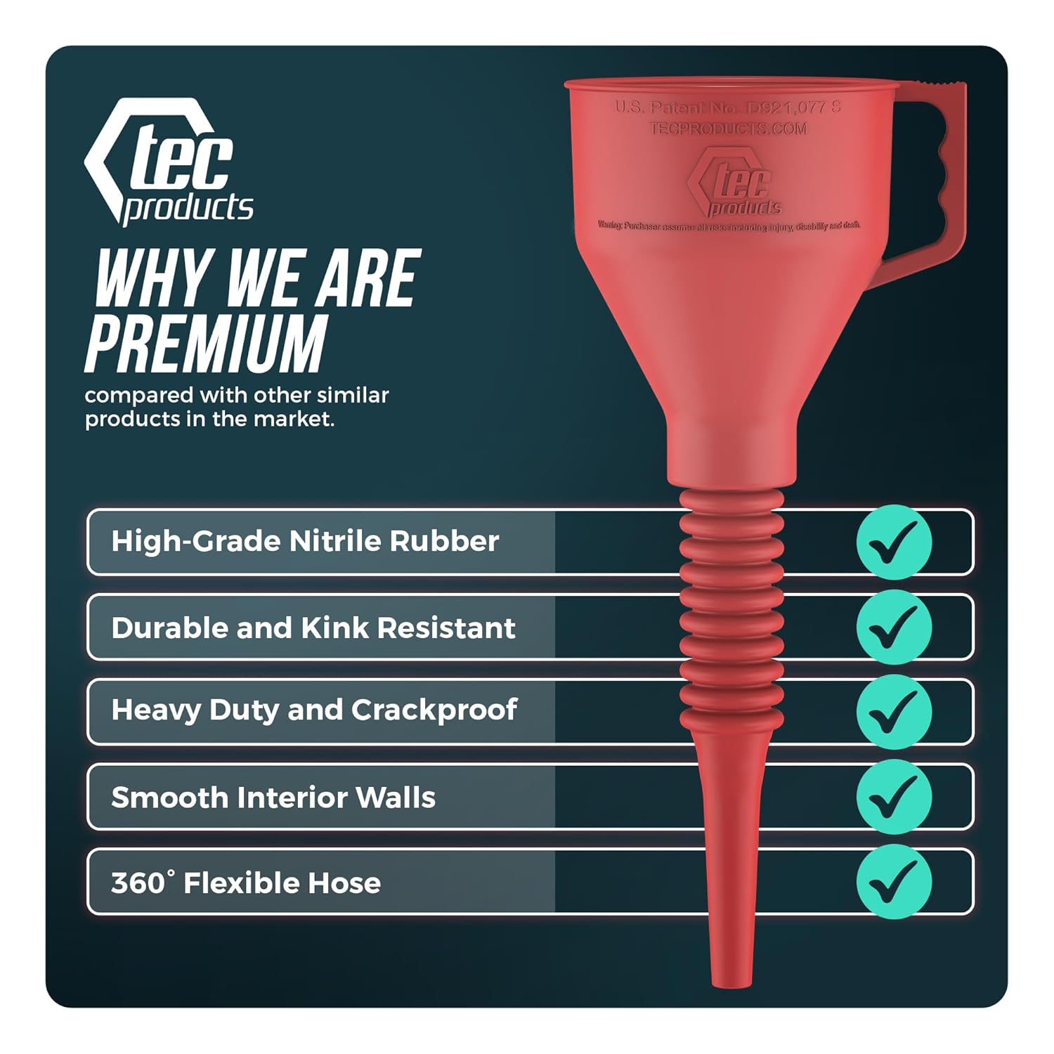 TEC Products FlexAll Long Flexible Funnel for Automotive Use - Durable Nitrile Rubber - Ideal for Car Oil Change, Transmission Funnel Fluid, Diesel, Fuel, Gas - Made in USA - Red (12 x 4 Inches) Red Small