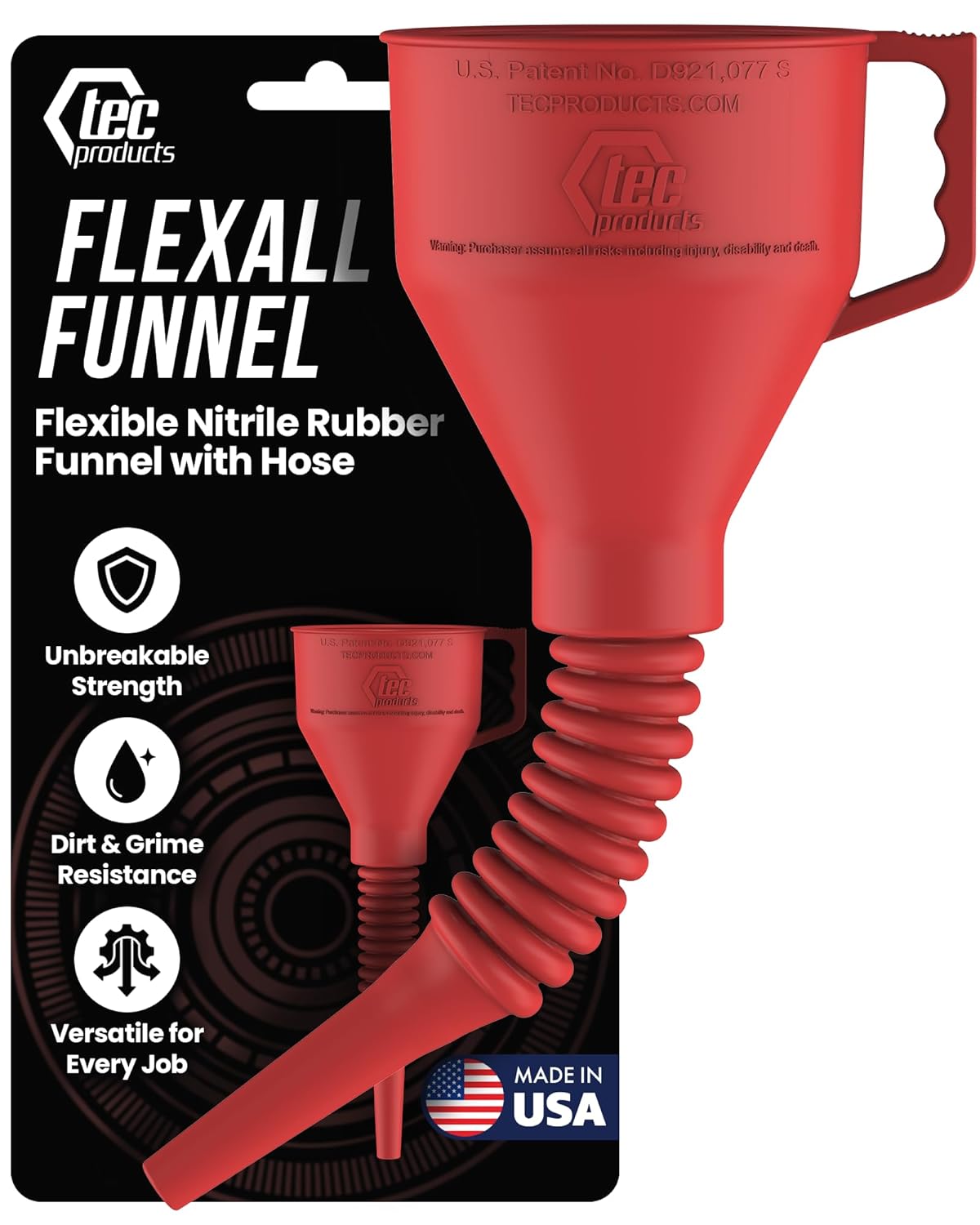 TEC Products FlexAll Long Flexible Funnel for Automotive Use - Durable Nitrile Rubber - Ideal for Car Oil Change, Transmission Funnel Fluid, Diesel, Fuel, Gas - Made in USA - Red (12 x 4 Inches) Red Small