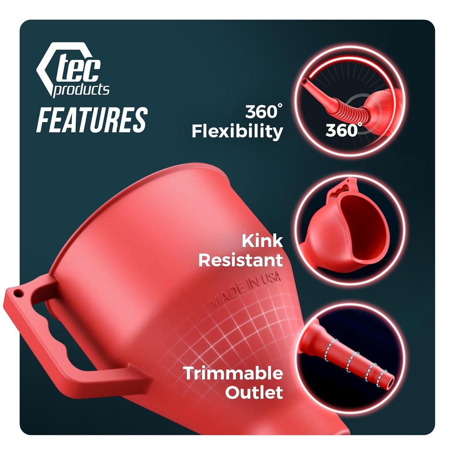 FlexAll Funnel - Long Flexible Funnel with Hose for Automotive Use - Durable Nitrile Rubber - Ideal for Car Oil Change, Transmission Fluid, Diesel, Fuel, Gas & More - Made in USA Red Small