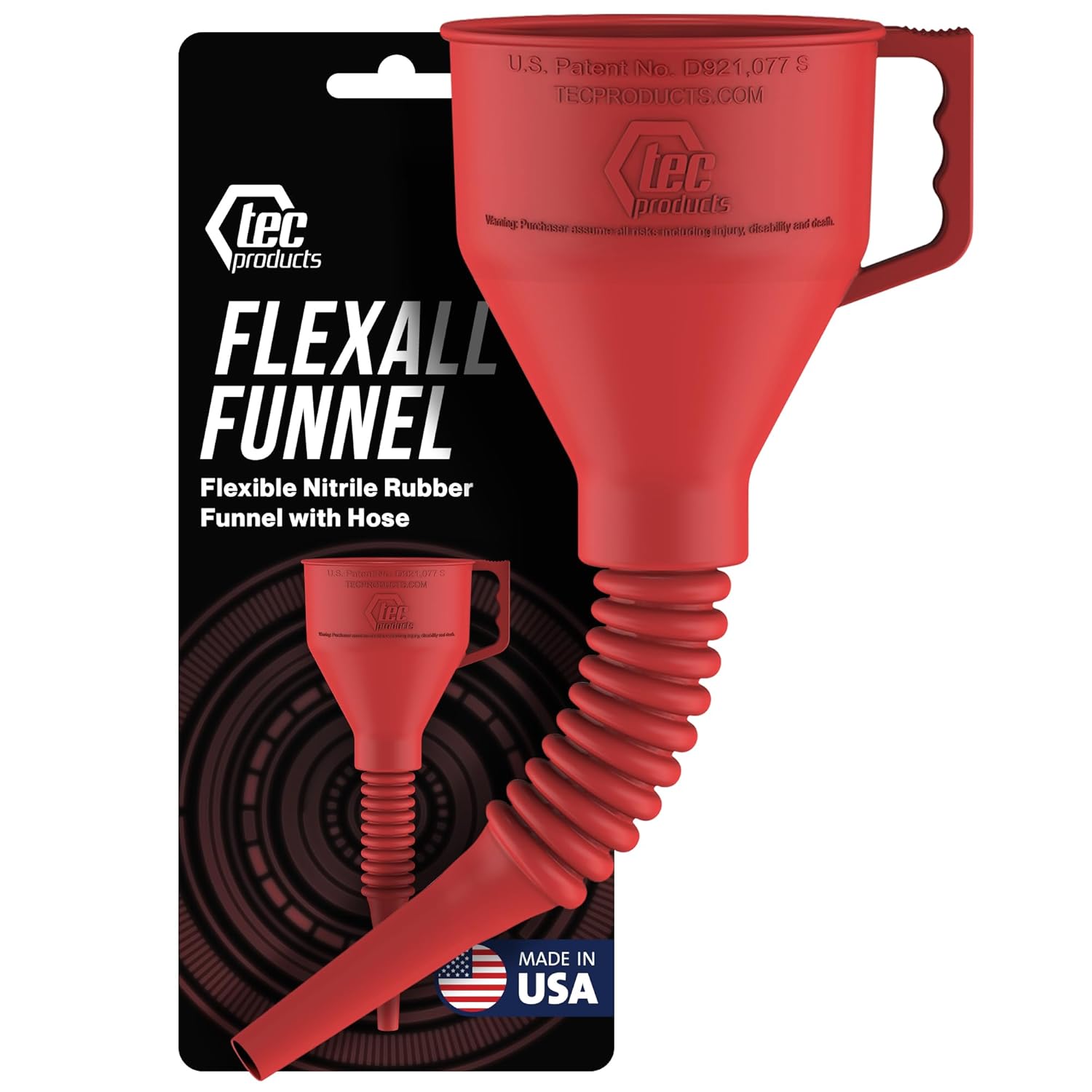 FlexAll Funnel - Long Flexible Funnel with Hose for Automotive Use - Durable Nitrile Rubber - Ideal for Car Oil Change, Transmission Fluid, Diesel, Fuel, Gas & More - Made in USA Red Small