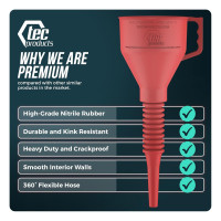 TEC Products FlexAll Long Flexible Funnels - Automotive Oil Funnel with Hose, Durable Nitrile Rubber for Oil Change, Transmission Funnel Fluid, Diesel, Fuel, Gas - Made in USA - Red (12 x 4 Inches) Red Small