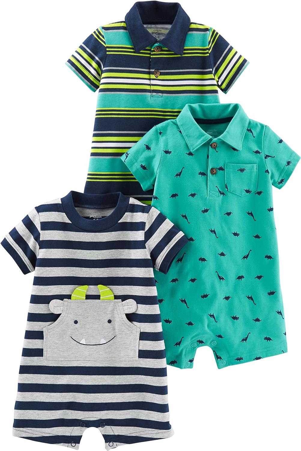 Simple Joys by Carter's baby-boys 3-pack Rompers 18 Months Green Dinosaur/Navy Stripe/Yellow Stripe