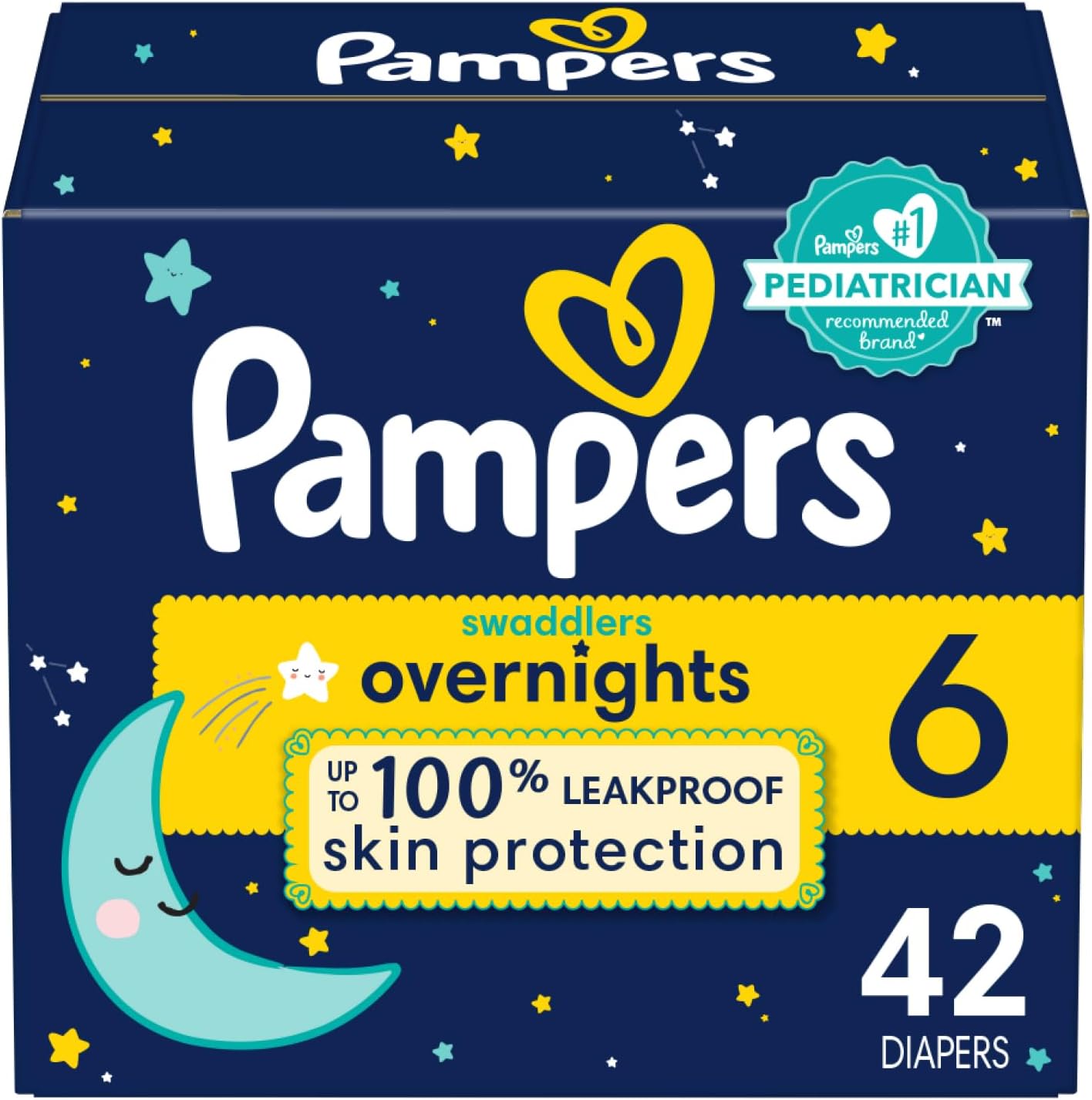 Pampers Overnight Diapers - Swaddlers Overnights - Size 6, 42 Count, Disposable Baby Diaper, Night Time Leak and Skin Protection Size 6 42