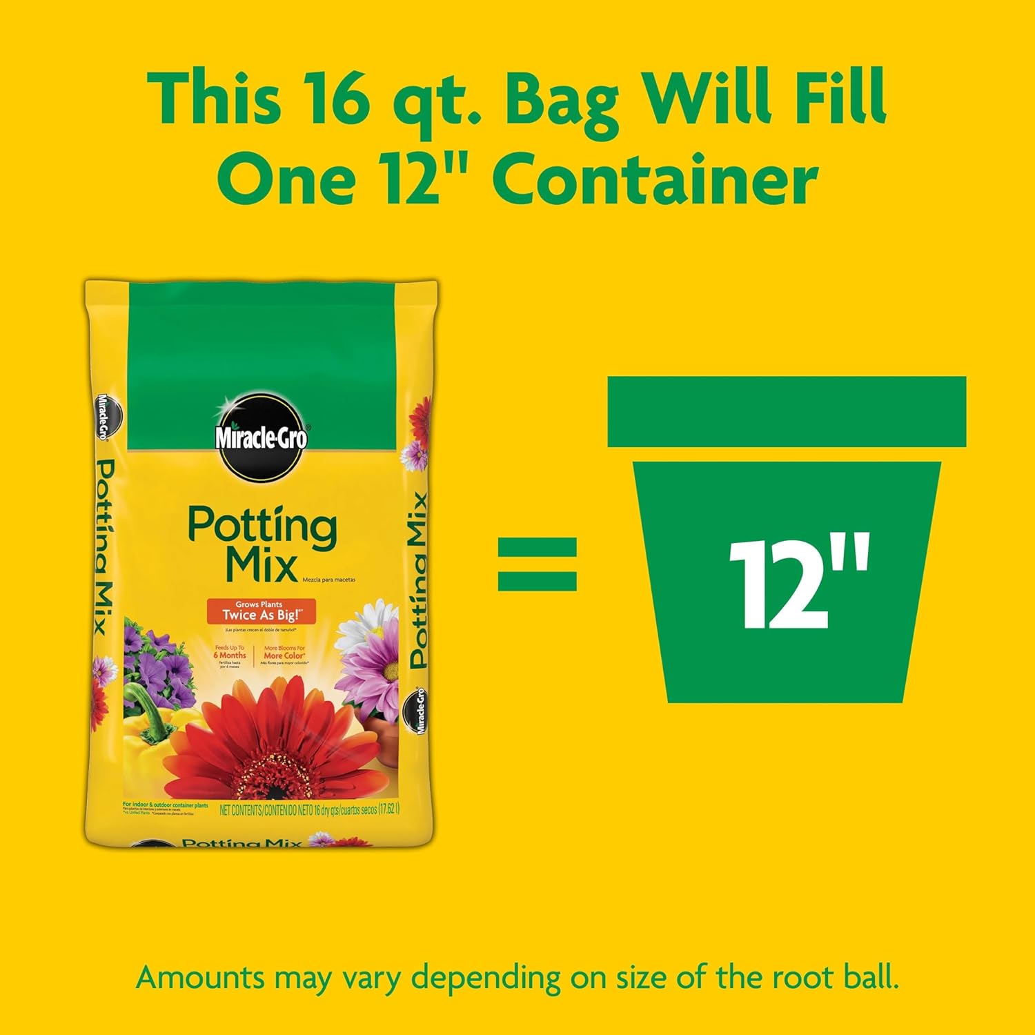 Miracle-Gro Potting Mix, For Container Plants, Flowers, Vegetables, Annuals, Perennials, Shrubs, Feeds for up to 6 Months, 16. qt., 2-Pack 0.53 cu. ft. 16 QT