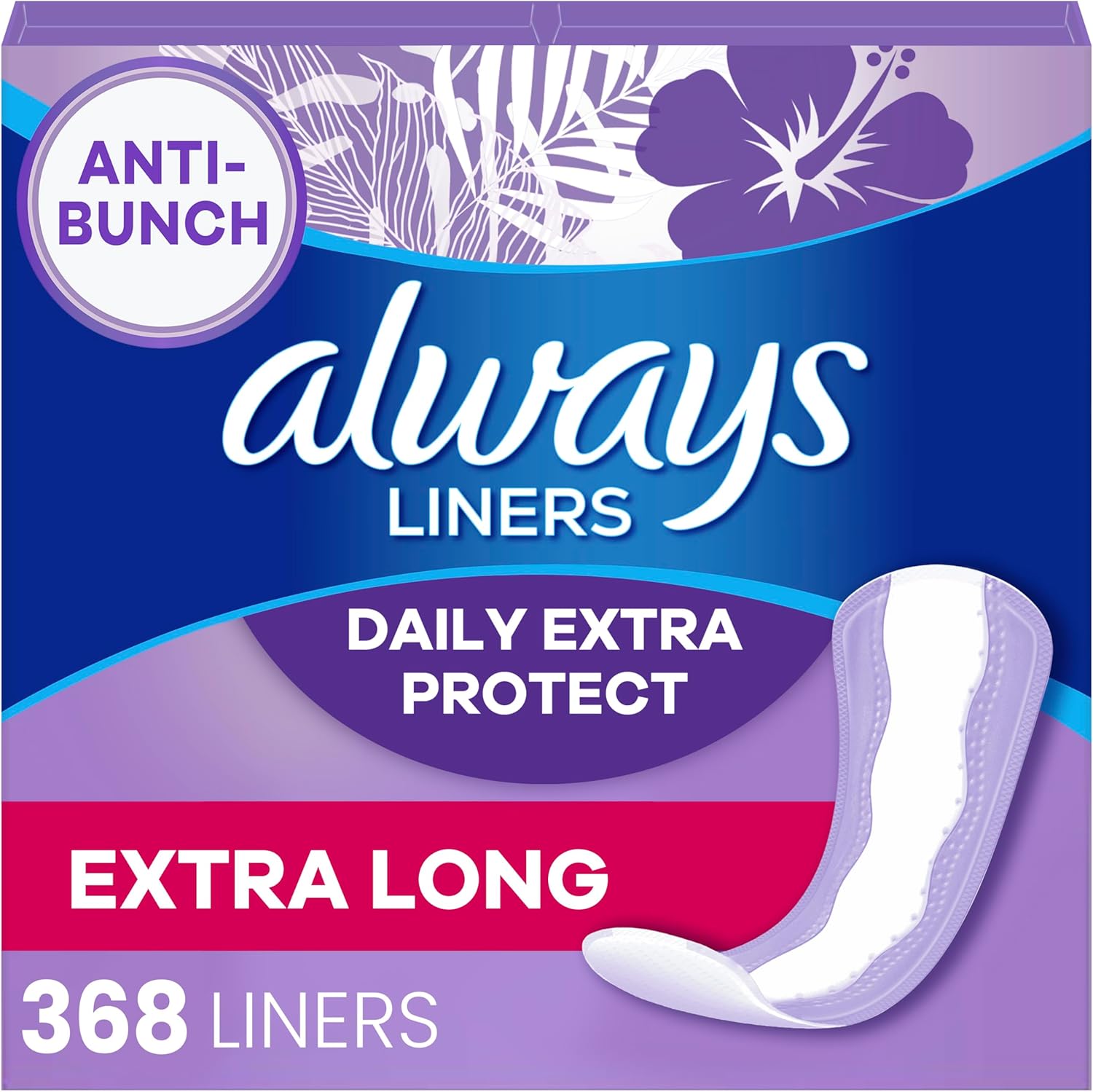 Always Daily Extra Protect Liners, Extra Long Length, Unscented Panty Liners, 368 Count (4 Packs of 92) Extra Long 368.0