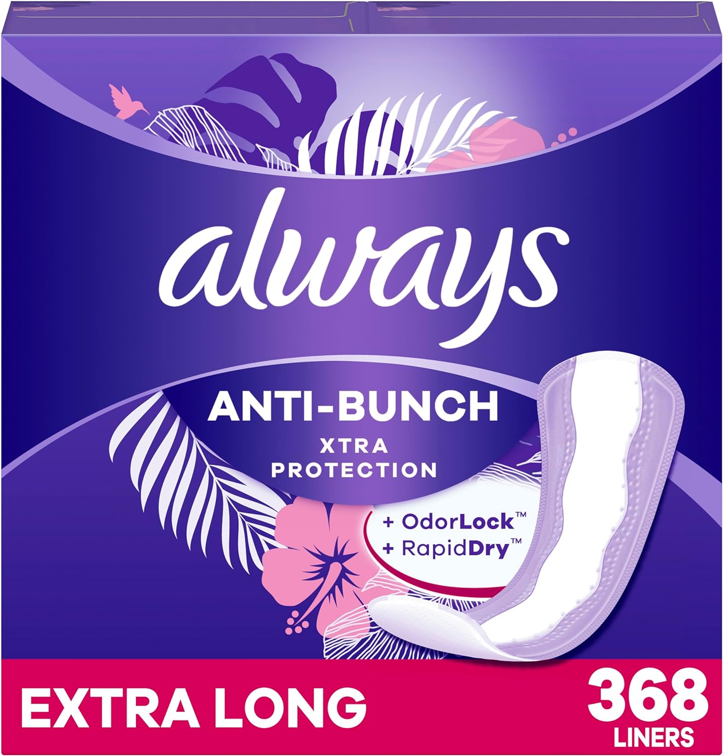 Always Anti-Bunch Xtra Protection, Panty Liners for Women, Extra Long Length, Unscented, 92 Count (Pack of 4) (368 Count) (Packaging May Vary) 92 Count (Pack of 4) 368