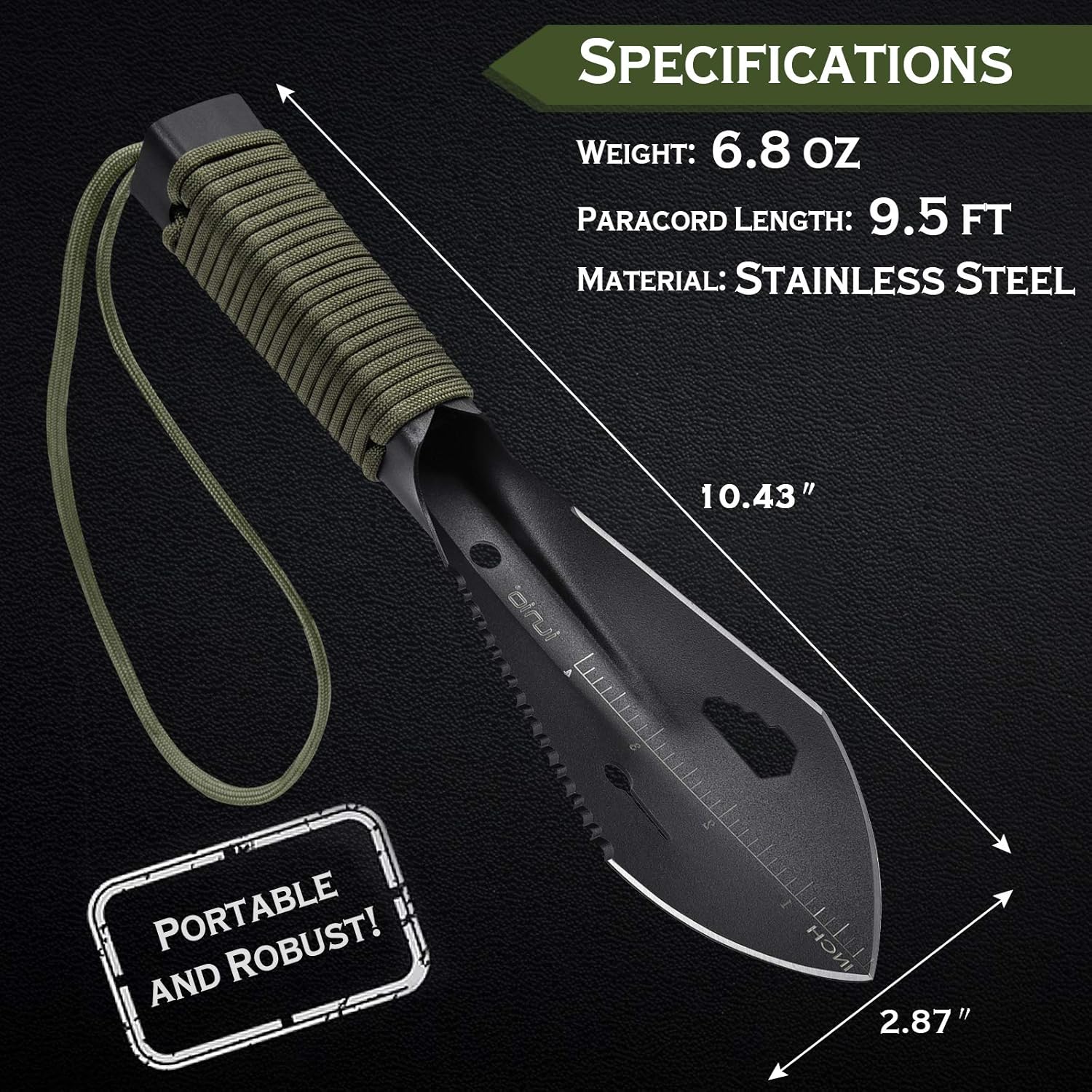 iunio Hiking Trowel, Camping, Backpacking, Portable Shovel, Multitool, Ultralight Camp Tool, with Carrying Pouch, for Gardening, Outdoor, Survival Black
