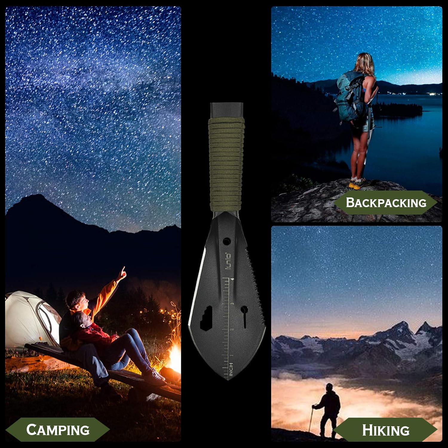 iunio Hiking Trowel, Camping, Backpacking, Portable Shovel, Multitool, Ultralight Camp Tool, with Carrying Pouch, for Gardening, Outdoor, Survival Black