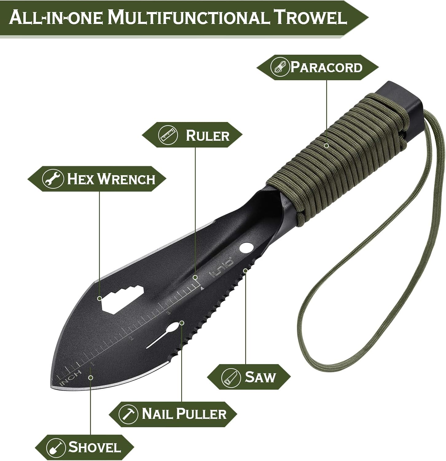 iunio Hiking Trowel, Camping, Backpacking, Portable Shovel, Multitool, Ultralight Camp Tool, with Carrying Pouch, for Gardening, Outdoor, Survival Black