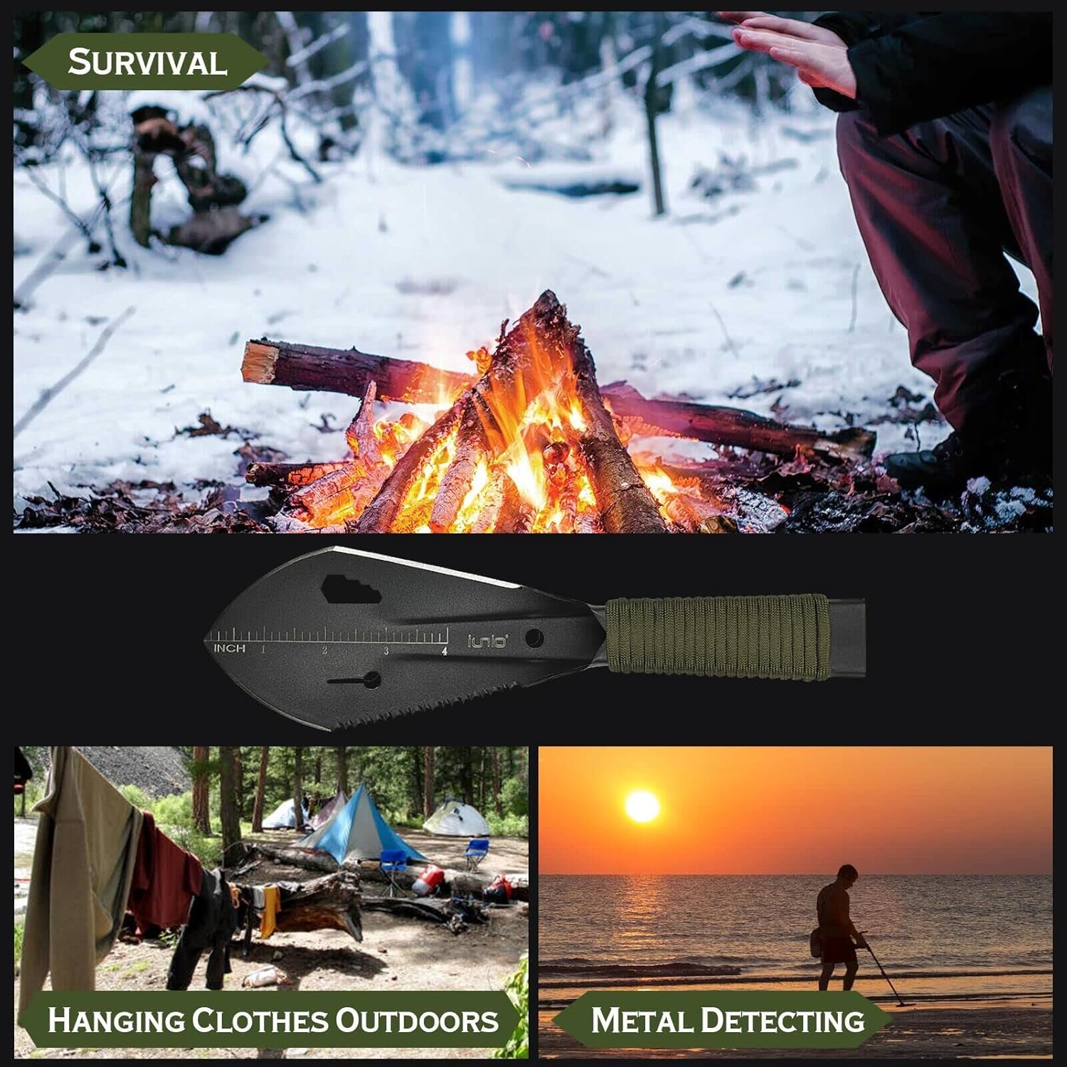 iunio Hiking Trowel, Camping, Backpacking, Portable Shovel, Multitool, Ultralight Camp Tool, with Carrying Pouch, for Gardening, Outdoor, Survival Black