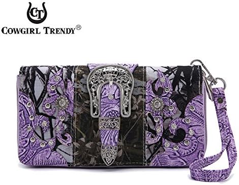 Western Style Camouflage Purse Concho Buckle Tooled Floral Country Studs Crossbody Women Handbag Shoulder Bag Wallet Set Purple Set