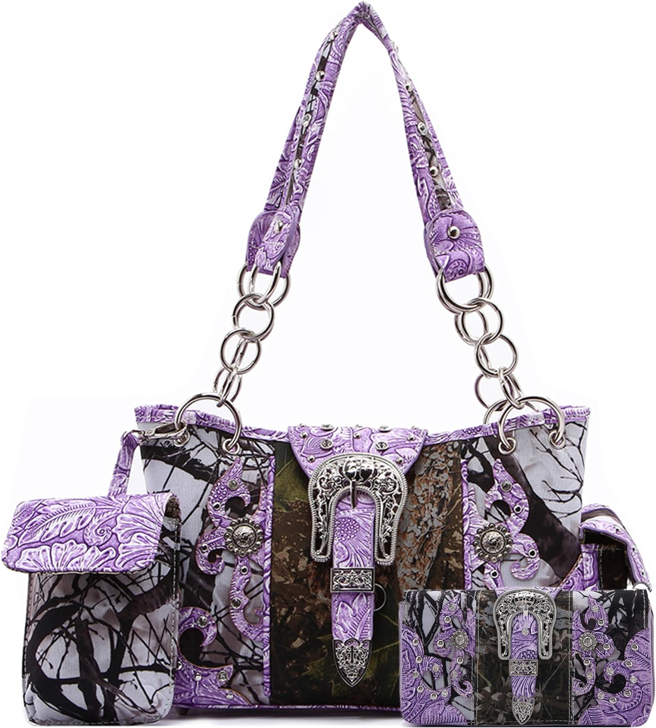 Western Style Camouflage Purse Concho Buckle Tooled Floral Country Studs Crossbody Women Handbag Shoulder Bag Wallet Set Purple Set