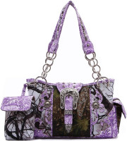 Western Style Camouflage Purse Concho Buckle Tooled Floral Country Studs Crossbody Women Handbag Shoulder Bag Wallet Set Purple Set