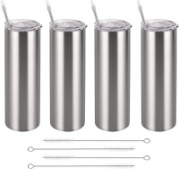 Qtencas Stainless Steel Skinny Tumbler Set, Insulated Travel Tumbler with Closed Lid Straw, Skinny Insulated Tumbler, 20 Oz Slim Water Tumbler Cup for Coffee Water Hot Cold Drinks, Set of 4, Silver 1-Silver