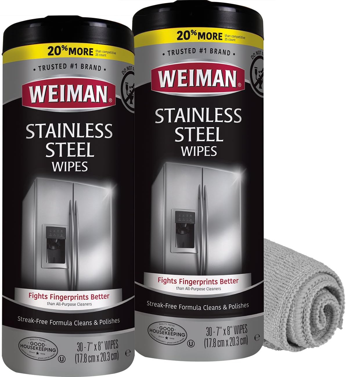Weiman Stainless Steel Cleaner and Polish Wipes Bundle with Microfiber Cloth-Removes Fingerprints, Water Marks and Grease from Appliances - Works Great on Refrigerators, Ovens, and Grills 30 Count (Pack of 2)