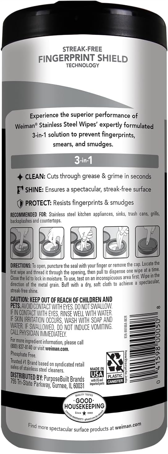 Weiman Stainless Steel Cleaner and Polish Wipes Bundle with Microfiber Cloth-Removes Fingerprints, Water Marks and Grease from Appliances - Works Great on Refrigerators, Ovens, and Grills 30 Count (Pack of 2)