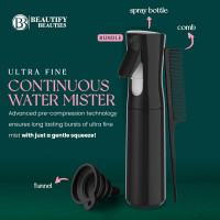 BeautifyBeauties Hair Spray Bottle – Ultra Fine Continuous Water Mister for Hairstyling, Cleaning, Plants, Misting & Skin Care (Black)