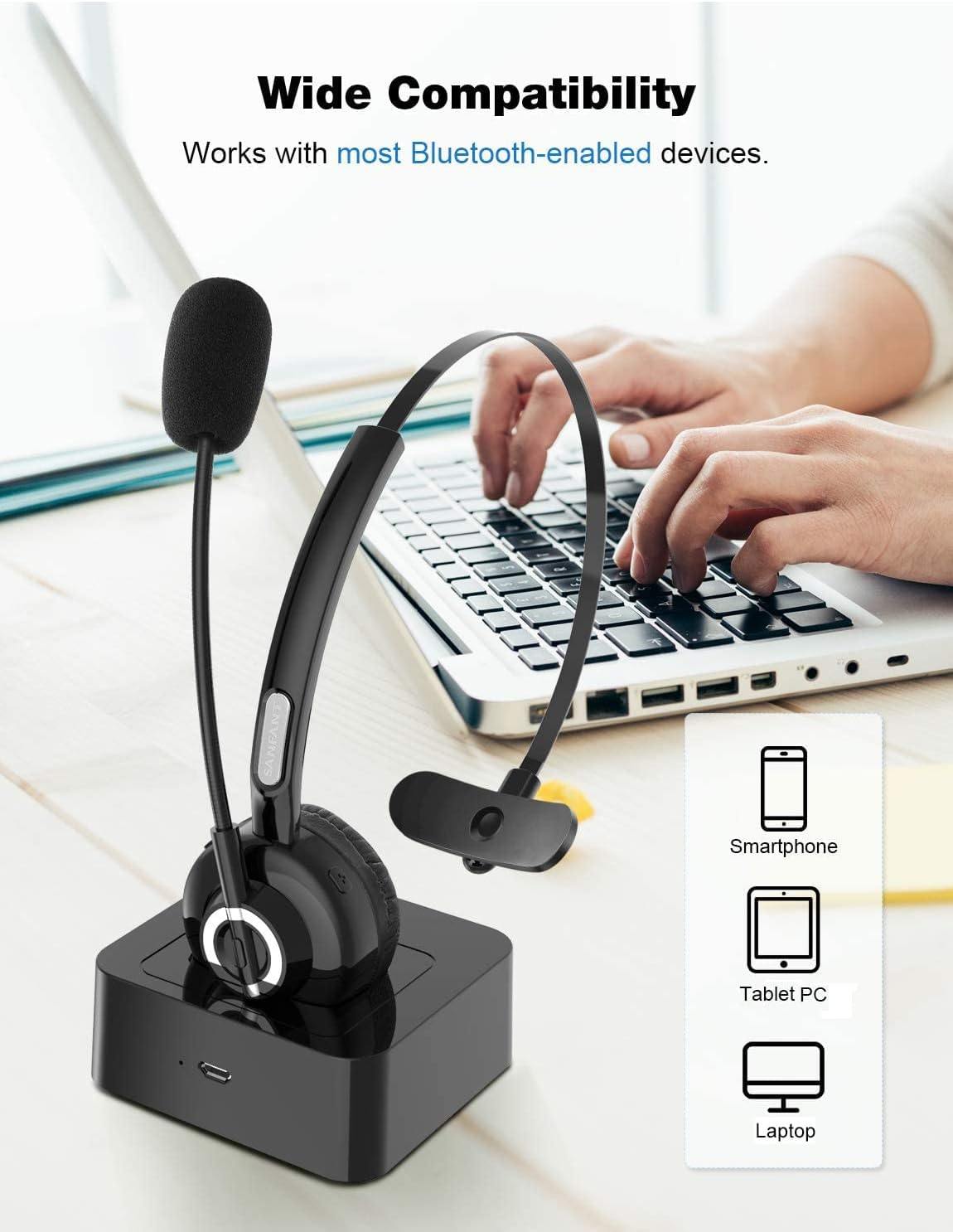 Trucker Bluetooth Headset, V5.0 Bluetooth Headset with Microphone Noise Canceling, 18hr Talktime Wireless Headset with Standing Dock, Car Bluetooth Headset for Cell Phone/Laptop/Tablet