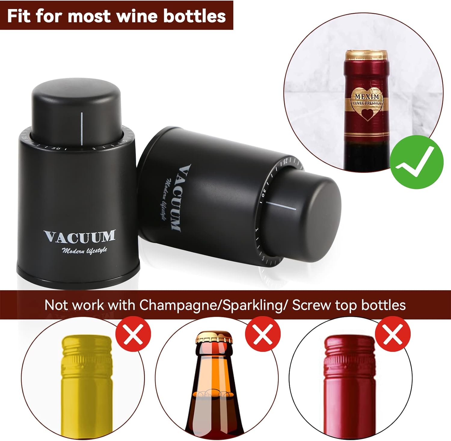 [2 PACK]Wine Bottle Stoppers,Real Vacuum Wine Stoppers,Reusable Wine Preserver,Wine Corks Keep Fresh,Best Gifts for Wine Lovers for christmas gifts. Black