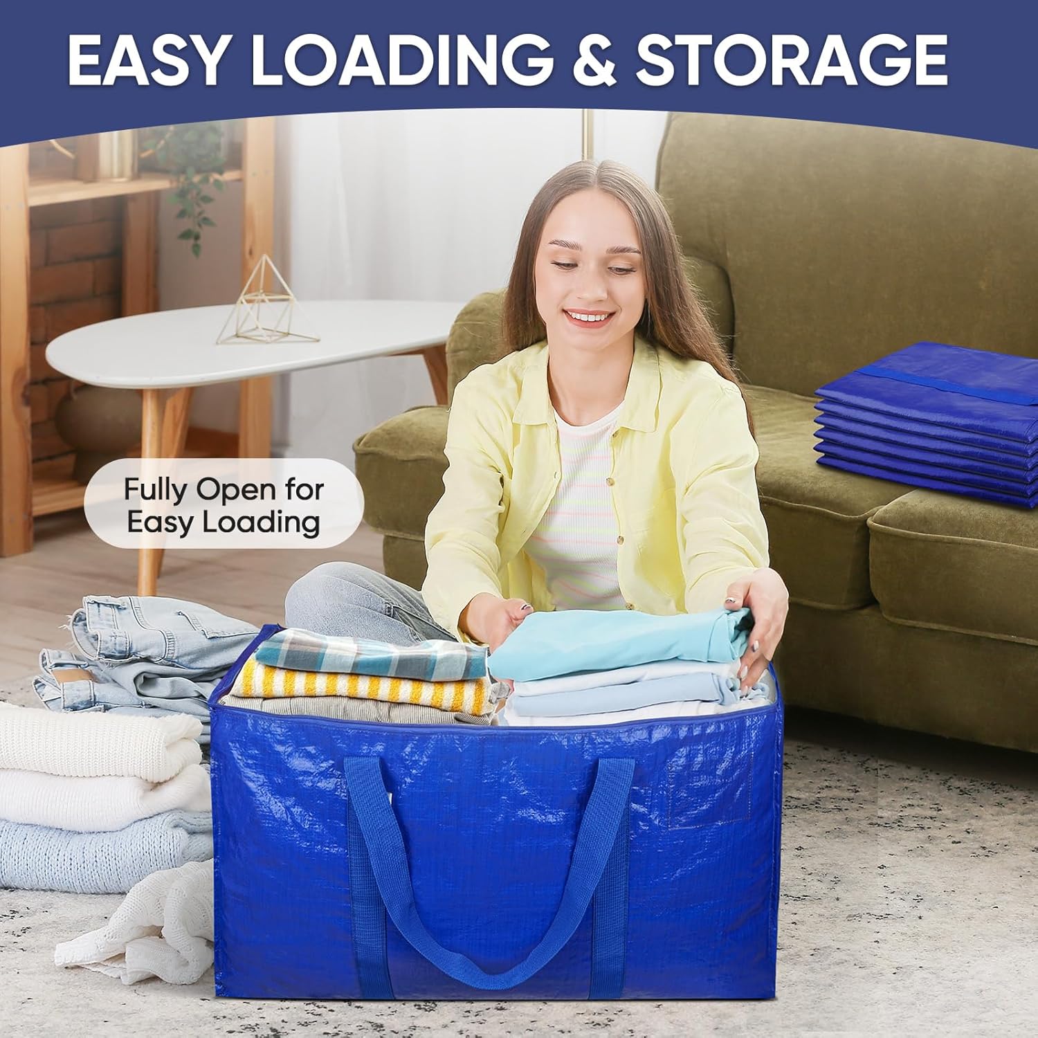 TICONN 6 Pack Extra Large Moving Bags with Zippers & Carrying Handles, Heavy-Duty Storage Tote Moving Boxes for Space Saving 6 Pack Blue-24 Gallon